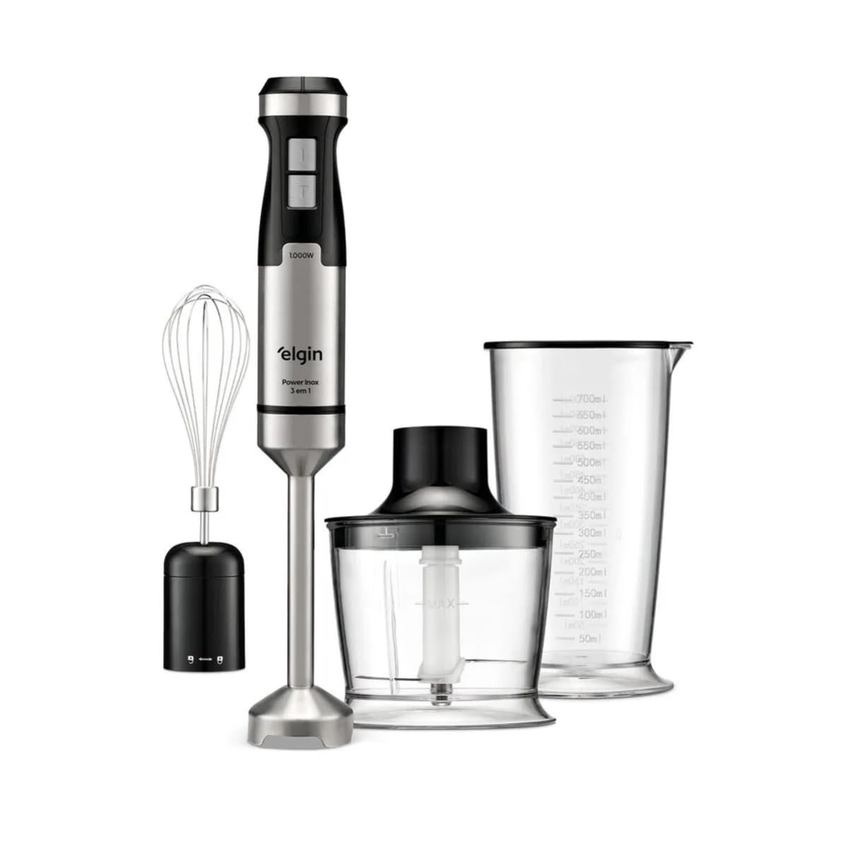 Elgin Mixer Power Inox 3 em 1, 1000W, Aço Inox, com Processador e Batedor de Claras, Velocidade Variável e Função Turbo