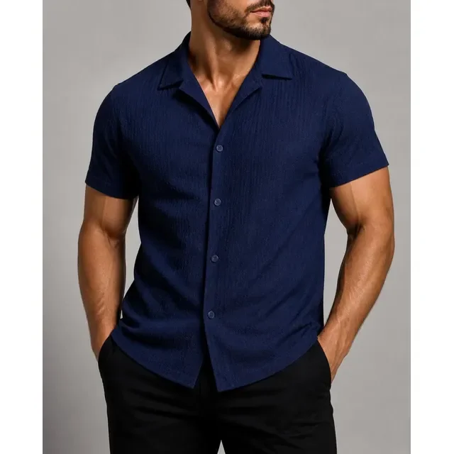 ⚫️ Camisa Casual Masculina Texturizada Com Botões Gola Cubana