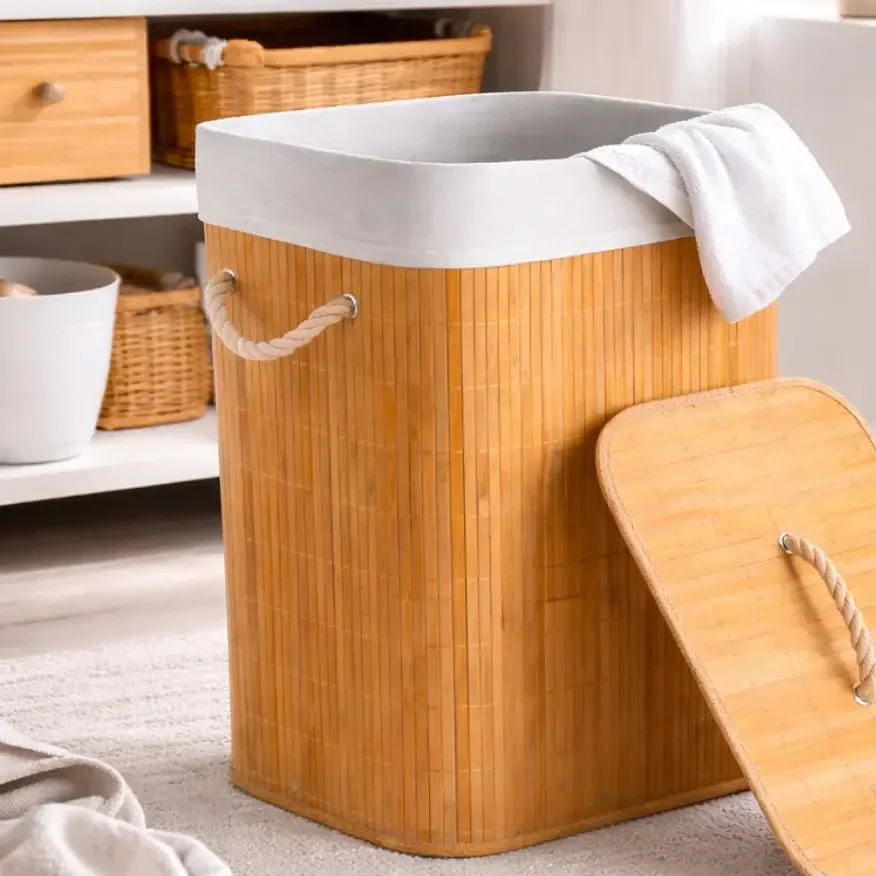 Cesto de Roupa Suja com Alças em Bambu 72L