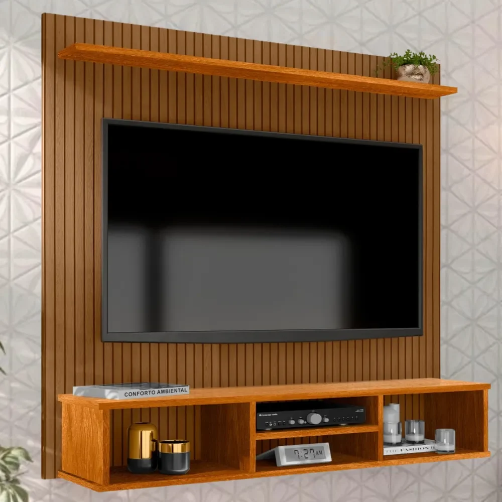 Painel Suspenso Everest TV Até 50" Cor Naturale MDP Design Ripado 3 Nichos