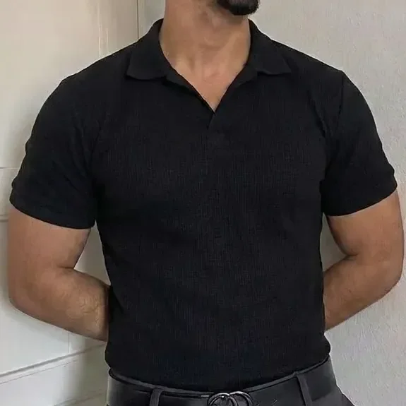 Camiseta Gola Polo Masculina Minimalista Tecido Texturizado Preto Liso M Texturizado