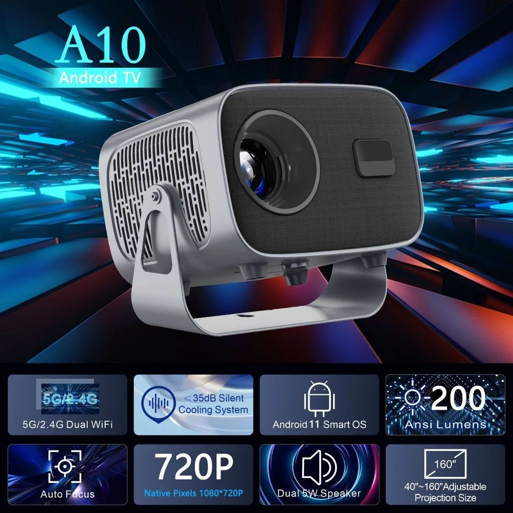Home Projetor A10 Android TV 4K Dual Band WIFI 6.0 Bluetooth 5.0 Cinema Portátil Escritório Sala