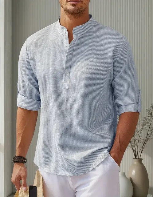Camisa Casual Masculina Gola Padre De Manga Comprida Solta