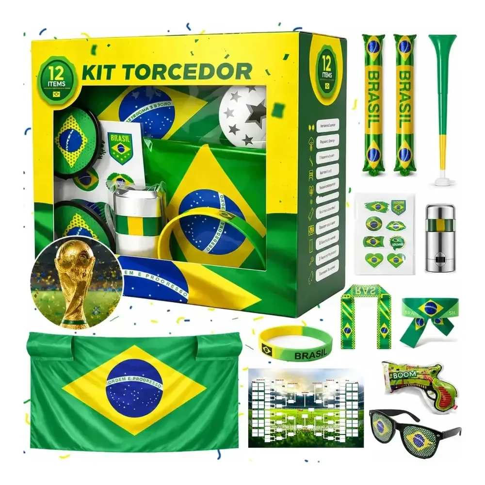 Kit 12 Copa Do Mundo 2026 Brasil-bandeira E Vuvuzelas E Mais