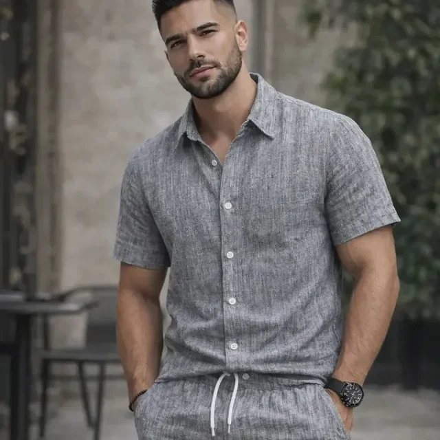 ⚫️ Conjunto Masculino De Linho Shorts E Camisa Manga Curta Moda