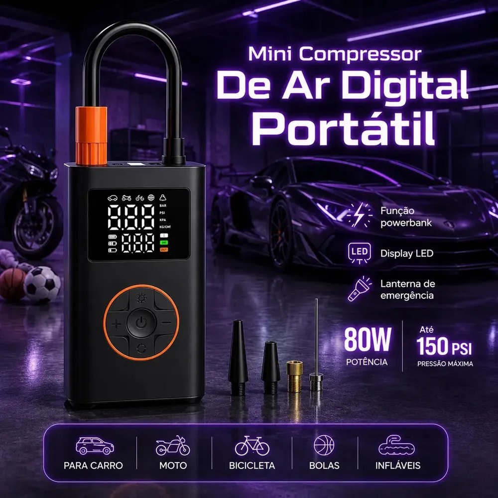 Compressor de Ar Portátil Blackone 4000mAh Digital 150PSI