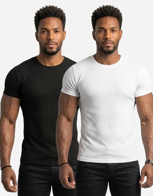 Kit 2 Camisetas Americana Texturizada Canelada Ribana Slim (P ao GG)