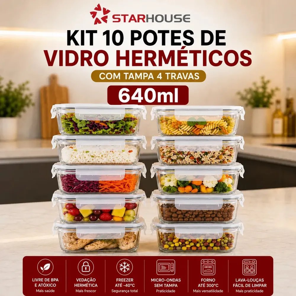 Kit 10 Potes Herméticos Vidro 640ml Starhouse Marmita Forno Micro-ondas Airfryer com 4 travas de