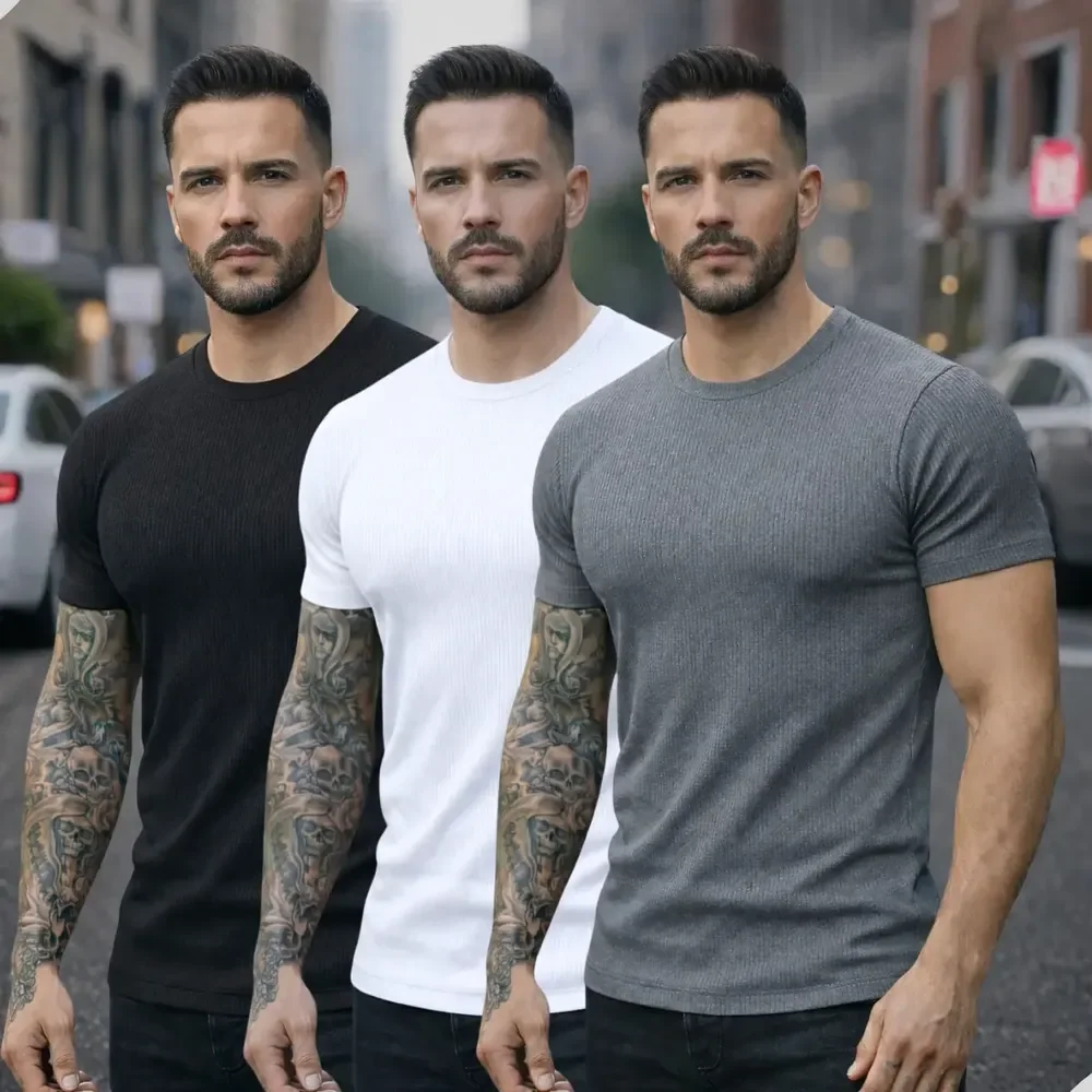 ⚫️ Kit 3 Camiseta Canelada Americana Masculina Ribana Algodão