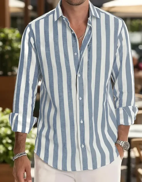 Camisa Masculina De Manga Comprida Com Botões E Listrada (P ao 2XG)