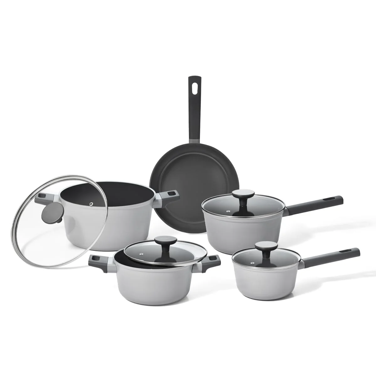 Oikos - Jogo com 5 Panelas Antiaderentes de Revestimento Cerâmico para Fogão por Indução, a Gás, Elétrico e Vitrocerâmico Cor Cinza Mou Trufa