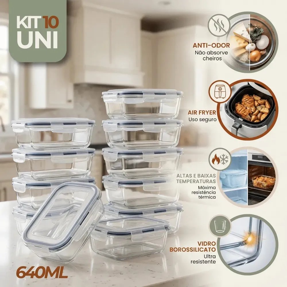 10 POTES DE 640ML 🔝🆘 Kit 10 Pote De Vidro Marmita Hermético 640ml Freezer Fitness Rishon