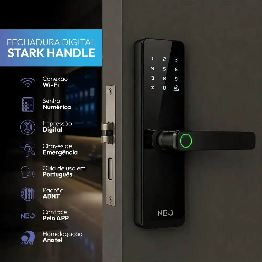 Fechadura Digital Inteligente Biometria Wi-fi Pro Embutir Senha App Tuya - Stark Handle - Preto - Neo Avant