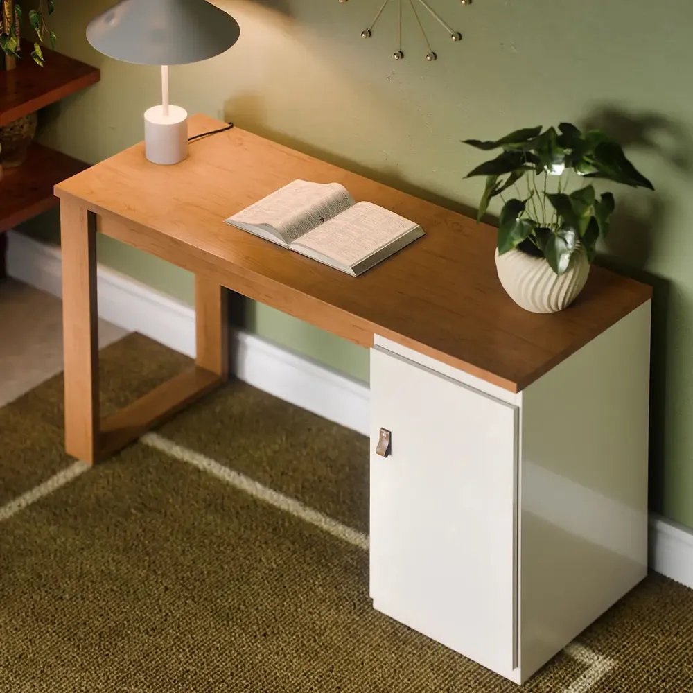 Escrivaninha Mesa Para Computador Paris 115cm + 1 Porta Armário Lateral Puxador de Couro