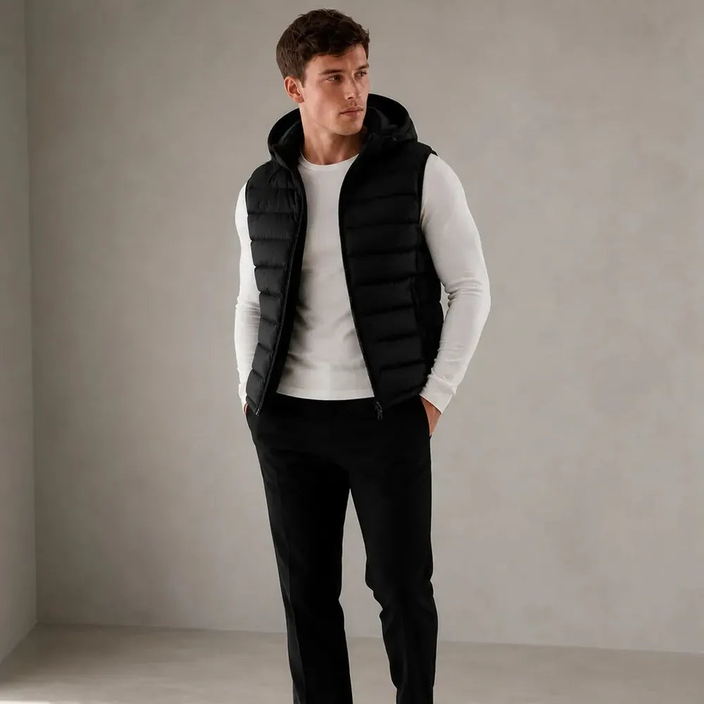 Bobojaco Colete Masculino Casaco Regata Capuz Zíper Bolso Preto Liso M