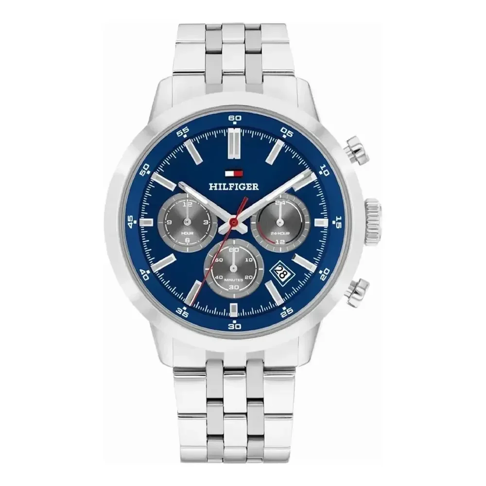 Relógio Tommy Hilfiger Kent Dual Time Th1710753 Vg, Aço Inoxidável De 43 Mm, Fuso Horário Duplo, Mostrador Azul Prateado