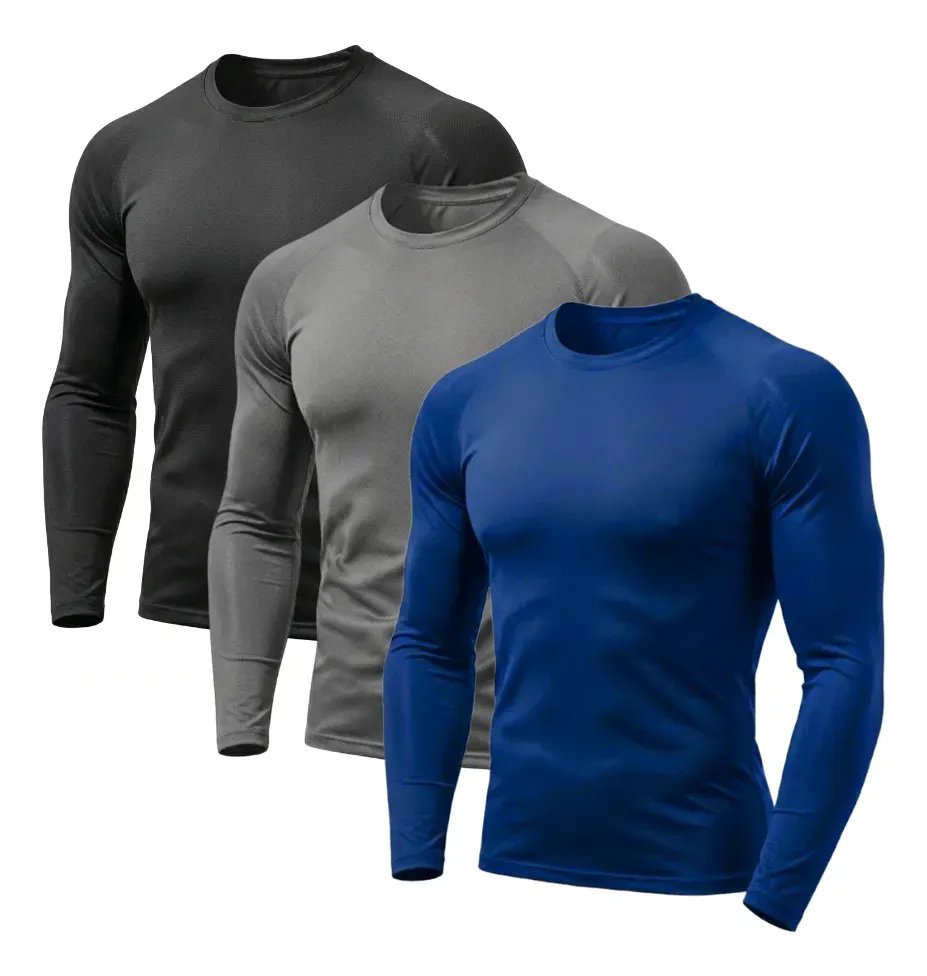 Kit 3 Camisa Segunda Pele Masculina Manga Longa Proteção Uv Azul Cinza Preto G