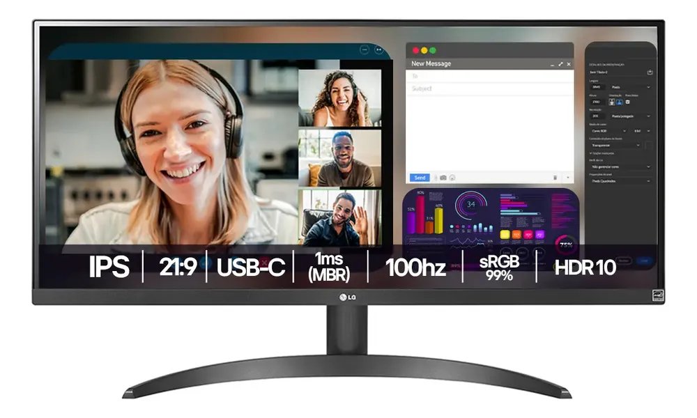 Monitor LG UltraWide - Tela IPS de 29", 21:9, HDR10, sRGB 99%, 100Hz, Preto- 29WQ500B