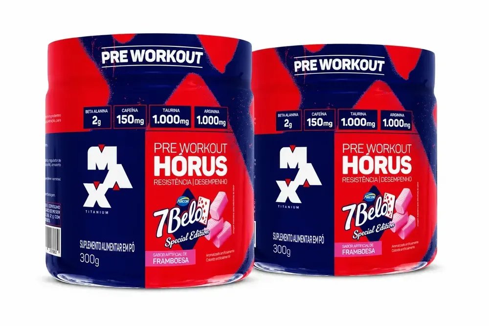✨Pré Treino Hórus 7 Belo Max Titanium 300g Sabor Framboesa Kit 2 150mg Cafeína Energia Foco Performance✨️