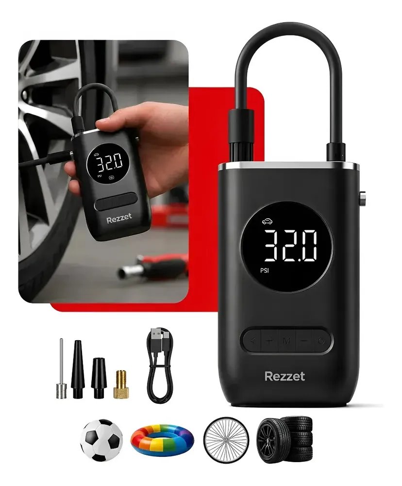 🛒Mini Compressor Digital Portátil para Carro Moto e Bicicleta com Calibrador Digital Inflador Elétrico de Pneus LCD Lanterna LED Compacto e Recarregável Preto Marca Rezzet