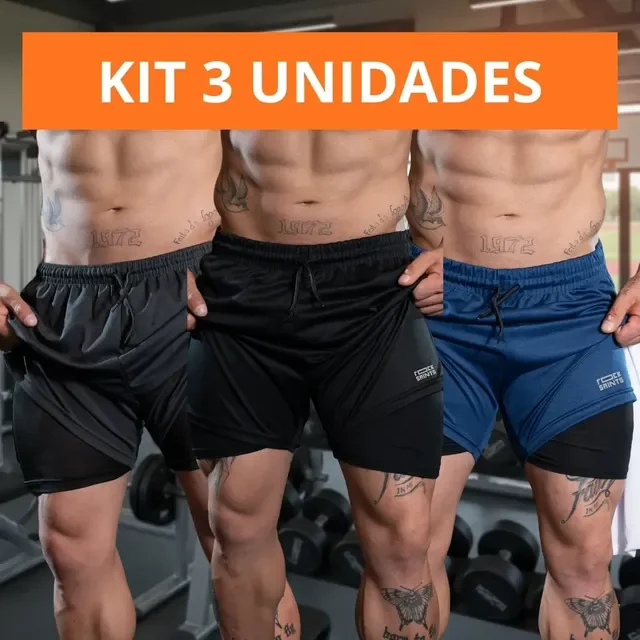 Kit 3 Shorts 2 Em 1 Compressão Dry Fit