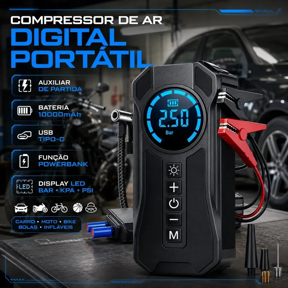 Kit Compressor de Ar Compacto 150 Psi + Auxiliar de Partida + Powerbank