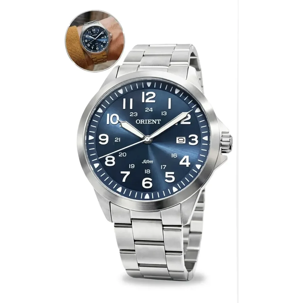 Relógio Orient Eternal MBSS1380 Cor Prateado com Fundo Azul