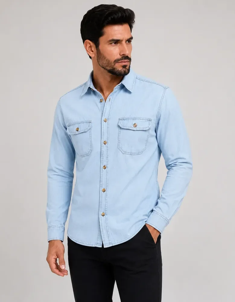 Camisa Jeans Masculina Social Slim Manga Longa