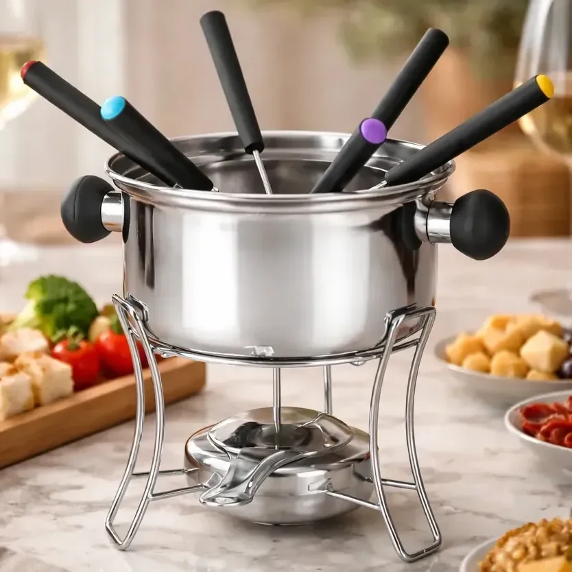Aparelho Para Fondue Inox 10 Peças Inclui Fogareiro E Base 6 Garfos