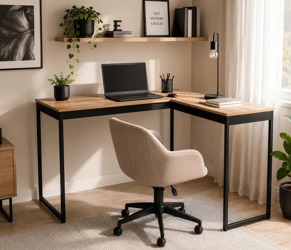 Escrivaninha Em L Mesa De Canto Lamina Com Preto Estilo Industrial