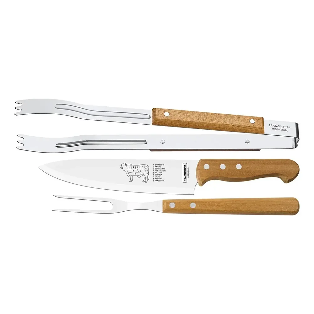 Jogo Para Churrasco Com Lâminas Em Aço Inox E Cabos De Madeira Natural 3 Peças Tramontina