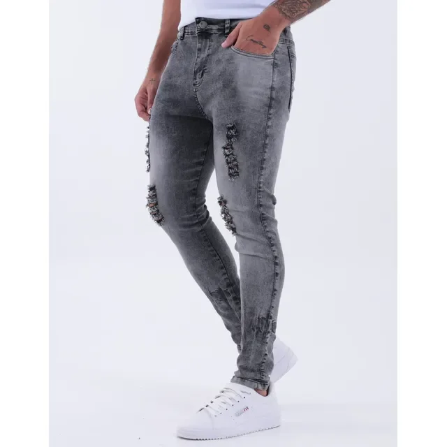 Calça Skinny Preta Rasgada Masculina Jeans Lycra