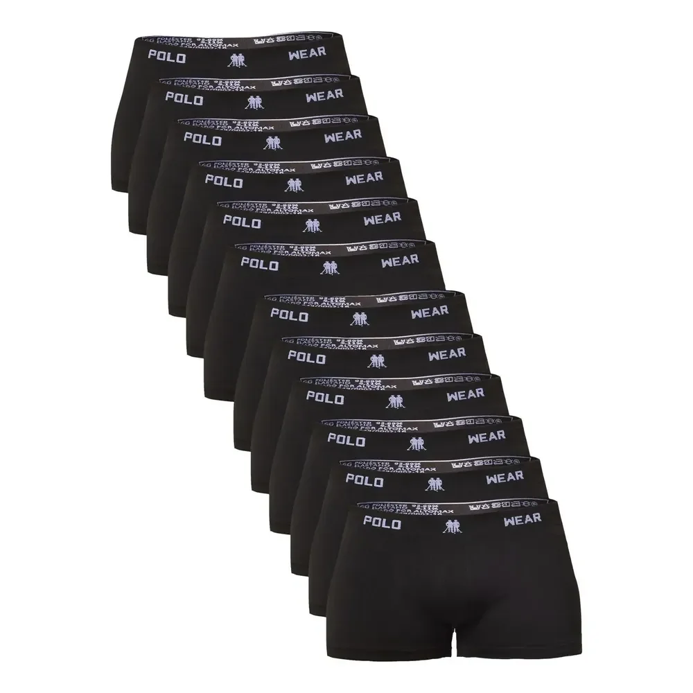 🛒Kit 12 Cuecas Boxer Polo Wear Masculino Microfibra Liso Preto Liso