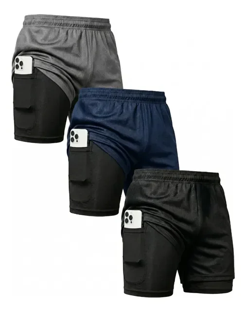 Kit 3 Shorts 2 Em 1 Duplo Bolso Para Academia (6 CORES)