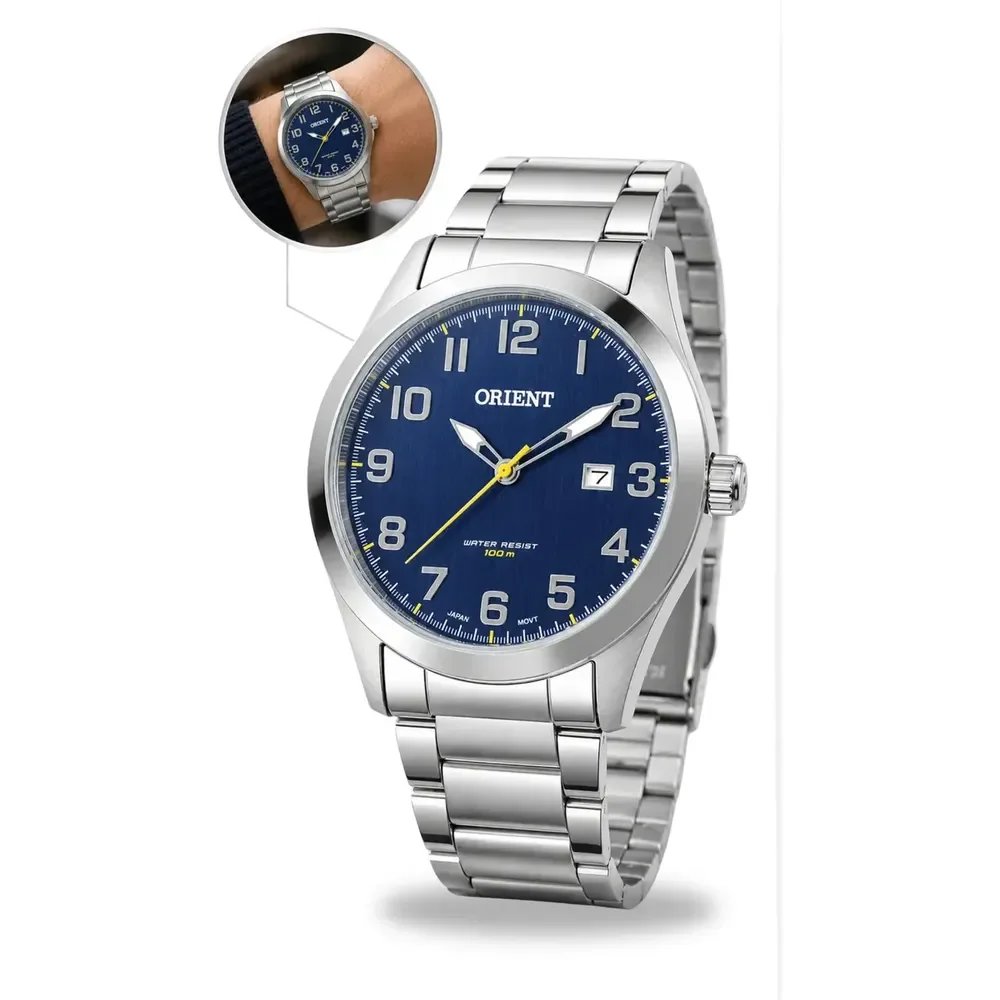 Relogio Orient Masculino Prata Fundo Azul Mbss1360 D2sx