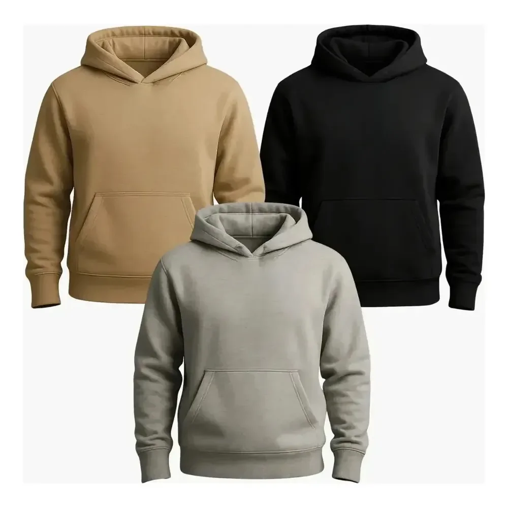 Kit 3 Moletom Canguru Liso Flanelado Blusa De Frio Unissex