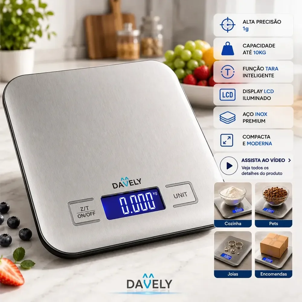✨Balança Digital Cozinha eletrônica Touch 10kg Inox Display Led LCD culinária Fitness pesagem alimentos para dieta portátil alimentar Foods Comida Prof...✨️