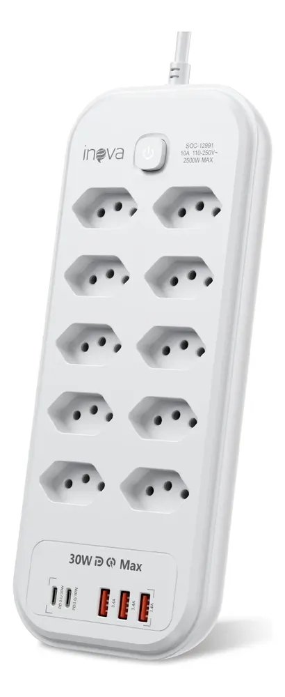 Filtro De Linha Regua Extensao 10 Tomadas Com 3 Usb E 2 Pd