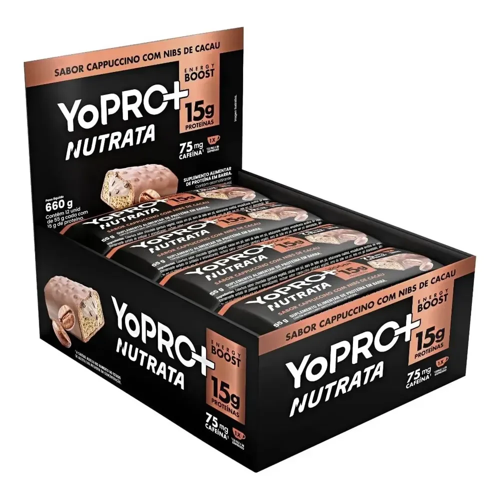 ✨Barra Proteína Nutrata Yopro Sabor Cappuccino 12 Unidades 55g Cappuccino C/ Nibs De Cacau✨️