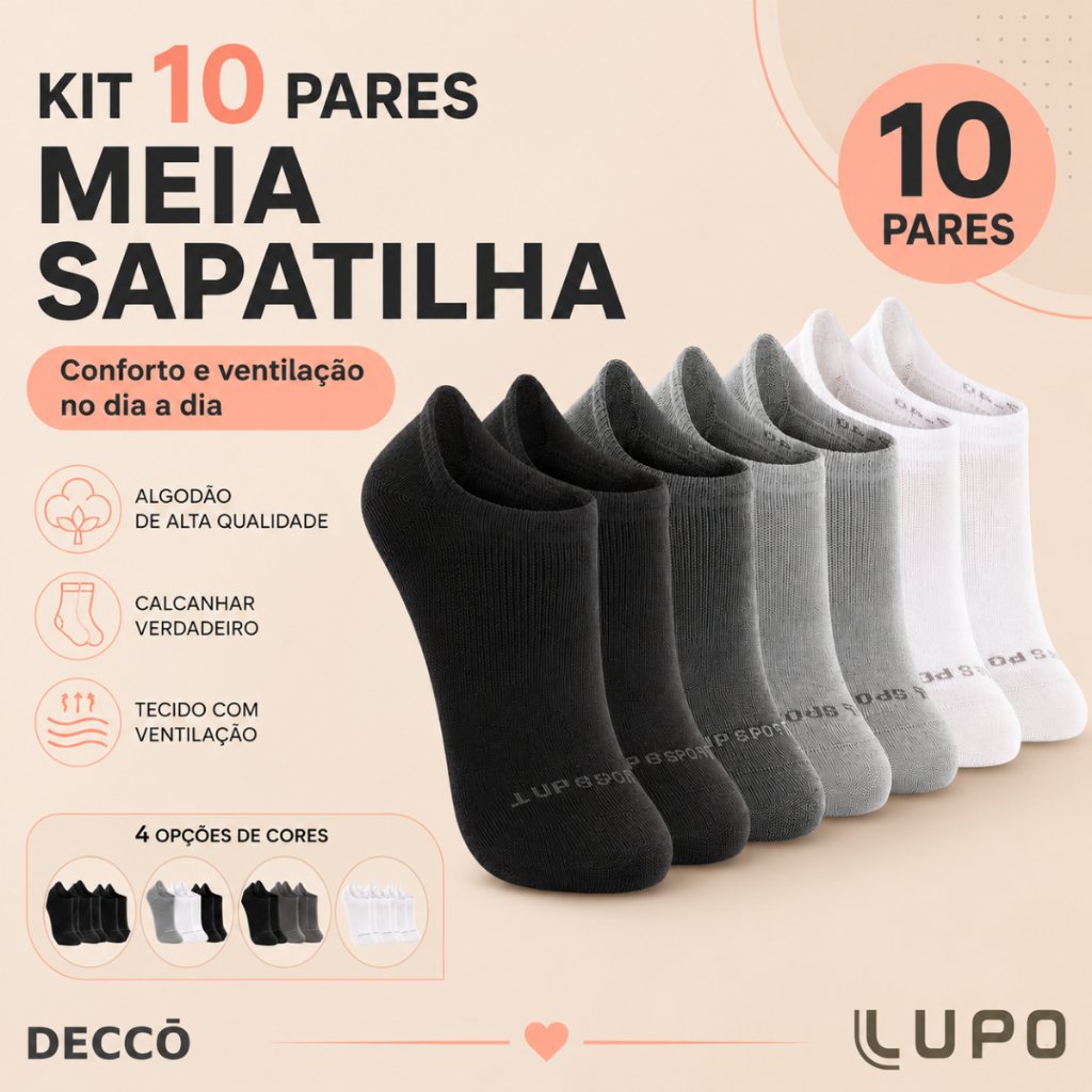 Kit 10 Pares Meias Lupo Sport Cano Invisível Algodão Soquete Sapatilha Unissex Original Confortável