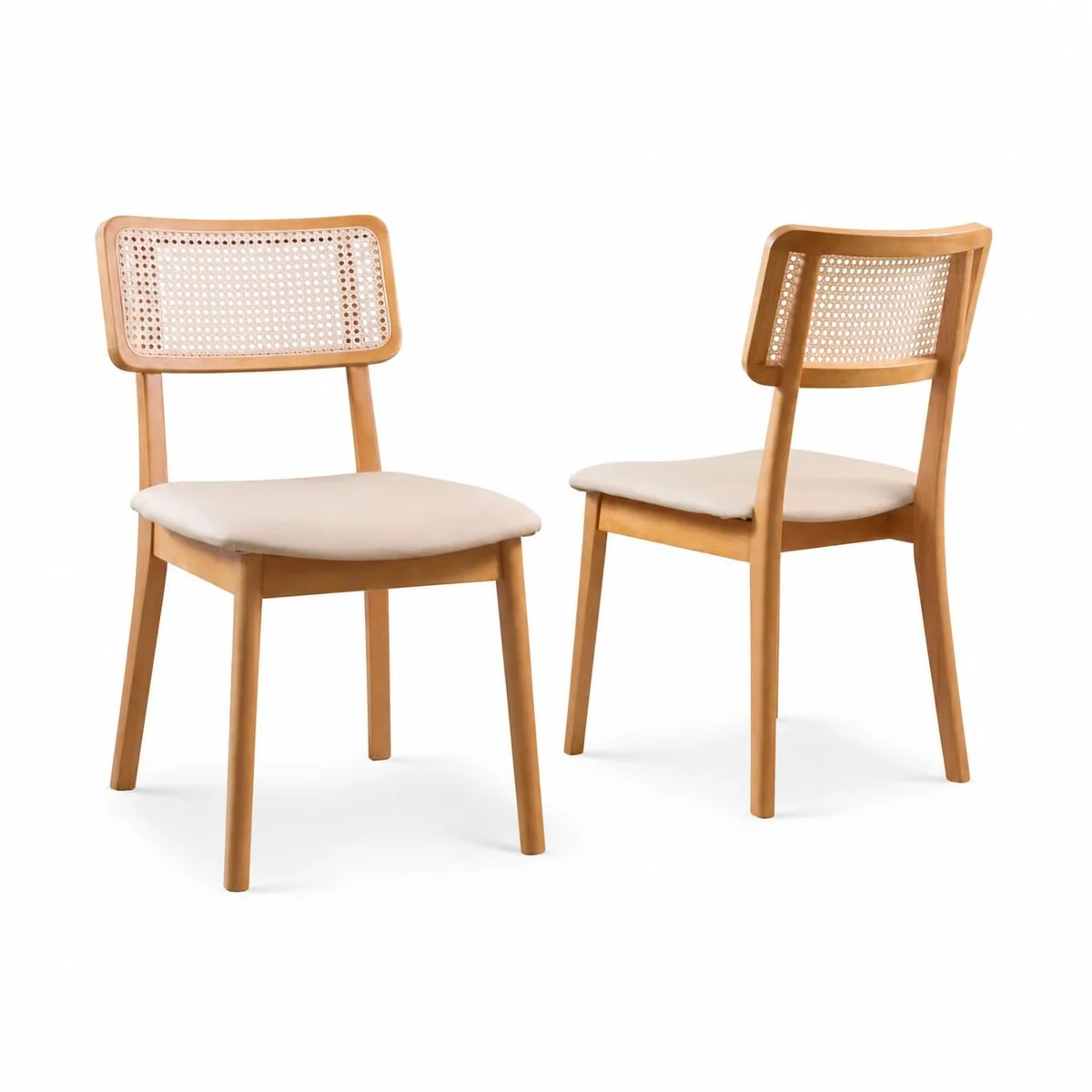 Kit 2 Cadeiras de Jantar Madeira Maciça Estofada em Linho Bege Claro Encosto Rattan - Lilia Renew