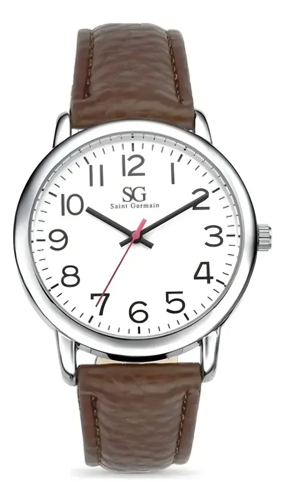 Relógio Masculino Chrowl Prateado Saint Germain Correia De Couro Marrom Caixa Prateada Fundo Branco…