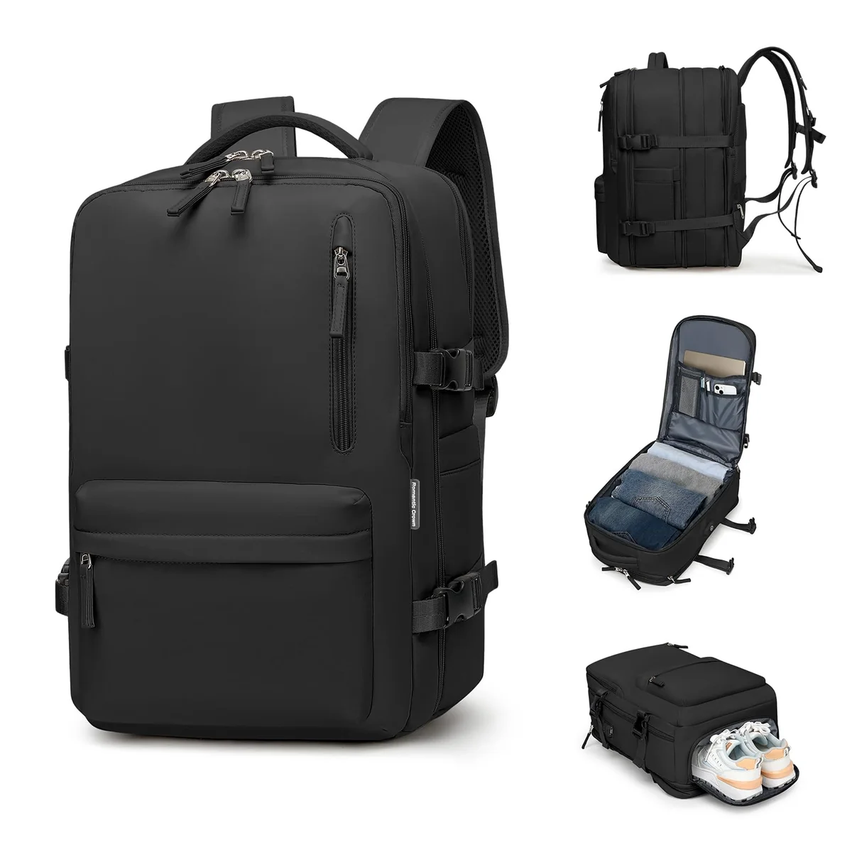 Romantic Crown Mochila de Viagem Expansivel Avião Grande Feminina,Mochila Executiva Masculina Impermeável Reforçada para Notebook,Casual Esportes Hiking Escola Presente (Todo Preto)