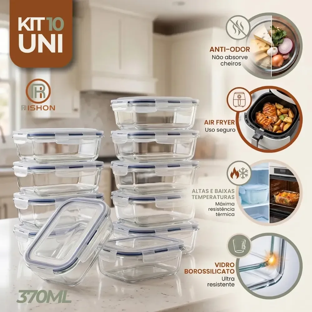 Kit 10 Potes Vidro 370ml Herméticos Rishon