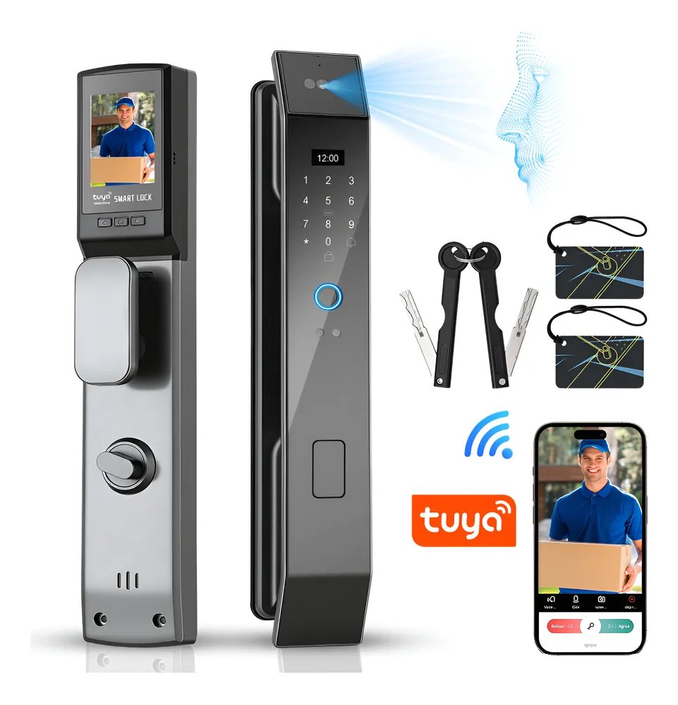 Fechadura Eletronica Inteligente Wifi Tuya Senha, Impressão Digital, NFC e Reconhecimento Facial 3D