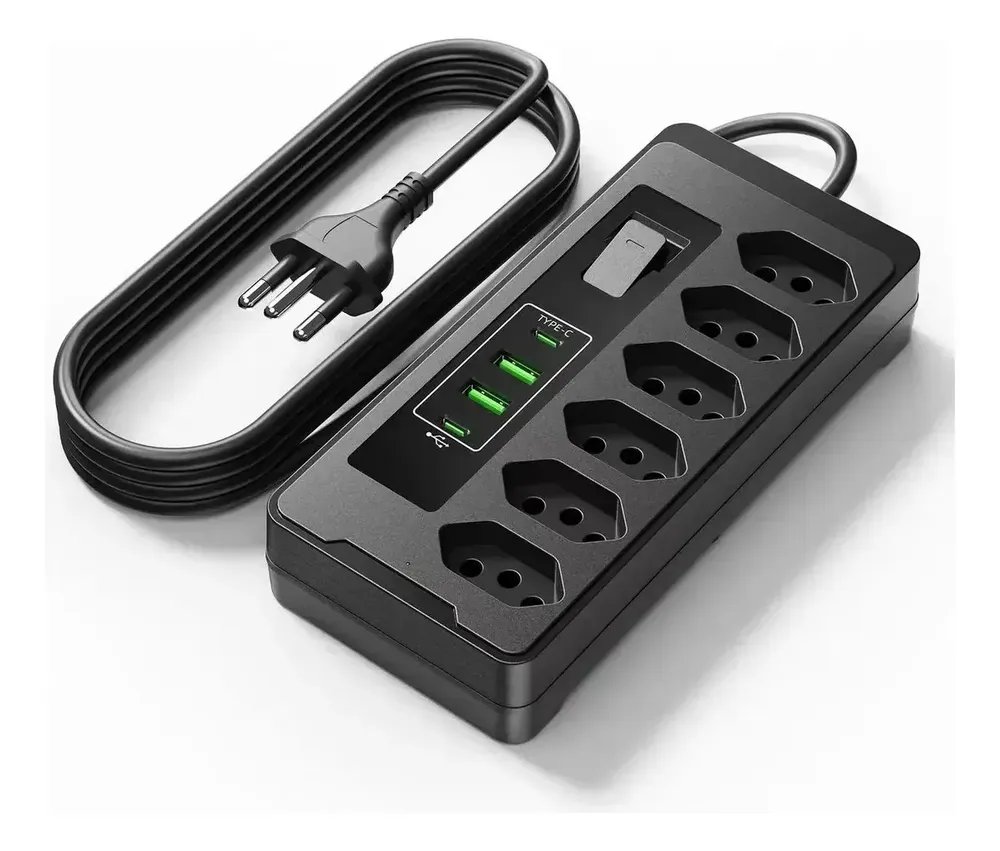 Filtro De Linha Extensão 6 Tomadas, 2 Usb 2 Pd 2500W com Interruptor De Protecção