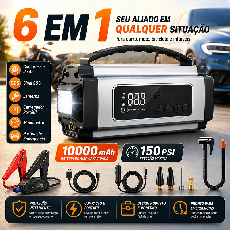 Bomba de Ar Portatil Compressor Inflator Auxiliador Partida Multi-função 6 em 1 PowerBank 10000mah…