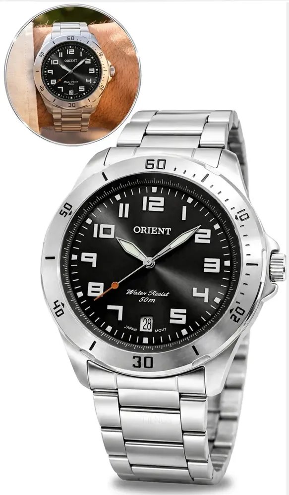 ⚫️ Relógio de pulso Orient MBSS1155A com correia de aço inoxidável cor prata - fundo preto