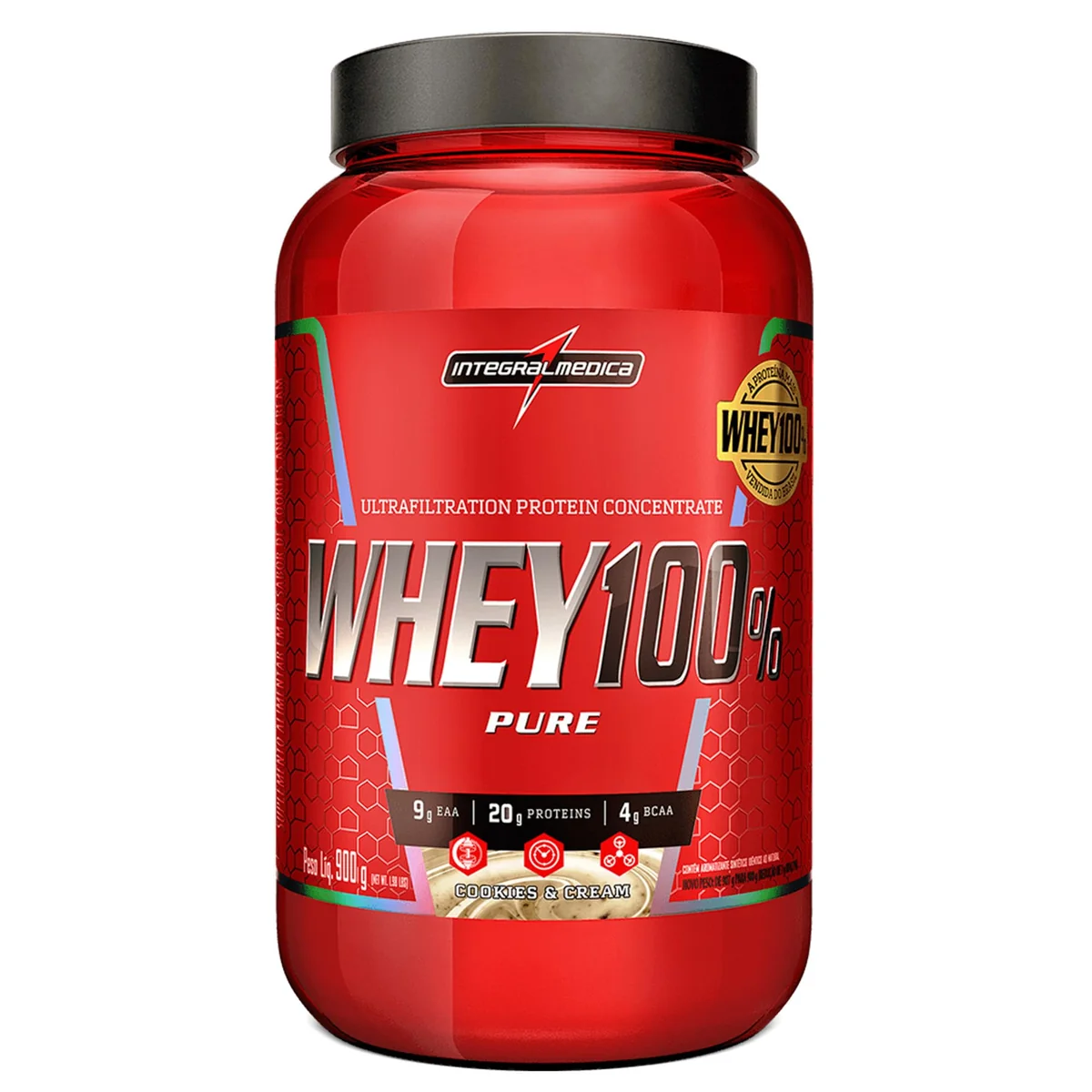 Integralmédica - Whey Protein Concentrado Cookies and Cream 100% Pure - 21g de Proteína por Scoop, Suplementação Alimentar Pós-Treino, Fórmula Enriquecida com BCAAs - Pote 900g