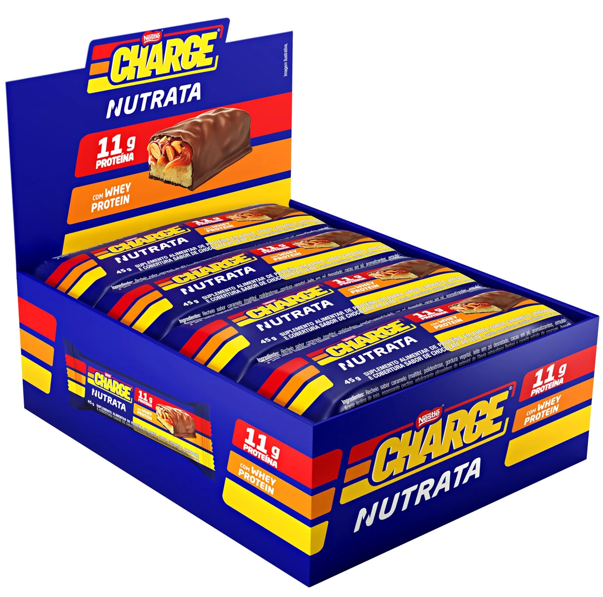 BARRA PROTEICA NUTRATA CHARGE BAR DISPLAY C/ 12 UN | 11g de proteína com whey, caramelo, amendoim e chocolate ao leite. Sem glúten e sem açúcar adicionado